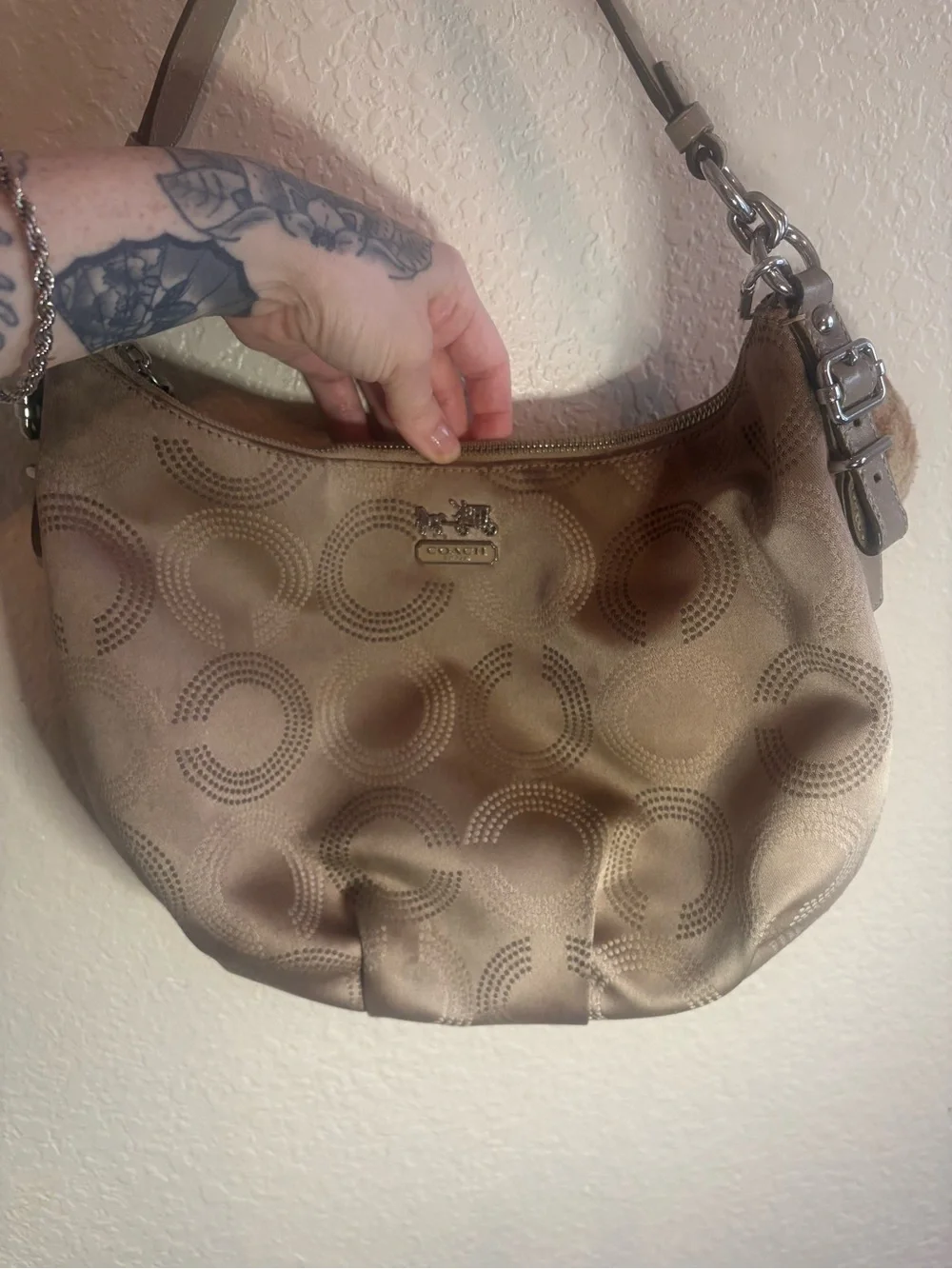 Coach Logo Metallic Taupe Hobo Shoulder Bag